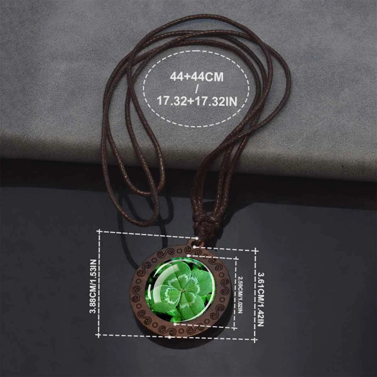 Four Leaf Clover Glass Dome Wooden Pendant Necklace