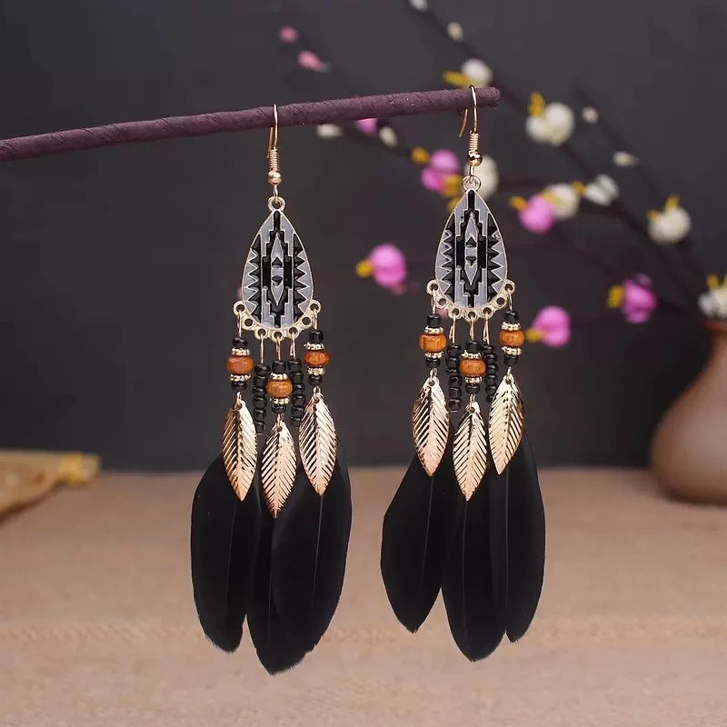 Boho Long Feather Dangle Women's Earrings Beach Long Tassel Beads Handmade Flower Enamel Earrings Bride Wedding Pendientes Mujer