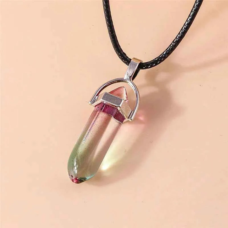 Natural Stone Quartz Lapis Opal Amethyst Pink Crystal Stone Hexagonal Column Pendant Necklaces