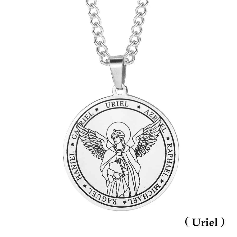 Religious Azrael Gabriel Raphael Uriel Michael Archangel Angel Wing Medal Stainless Steel Pendant Necklace Jewelry