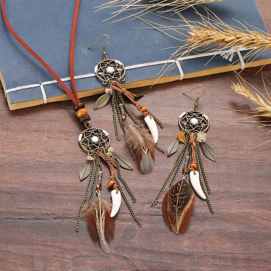 The Woman Who Faces East — Soraveen Dream Catcher Feather & Stone Necklace and Earring Set