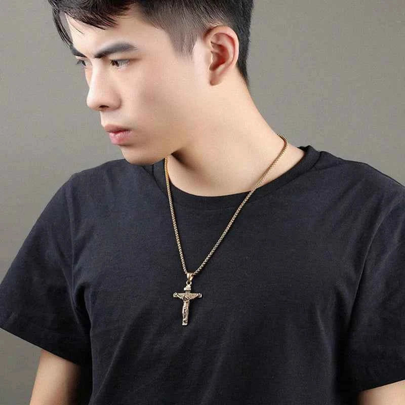 Religious Jesus Cross Stainless Steel Necklace For Men Fashion Gold Silver Color Cross Pendent With Chain Necklace Jewelry Gift