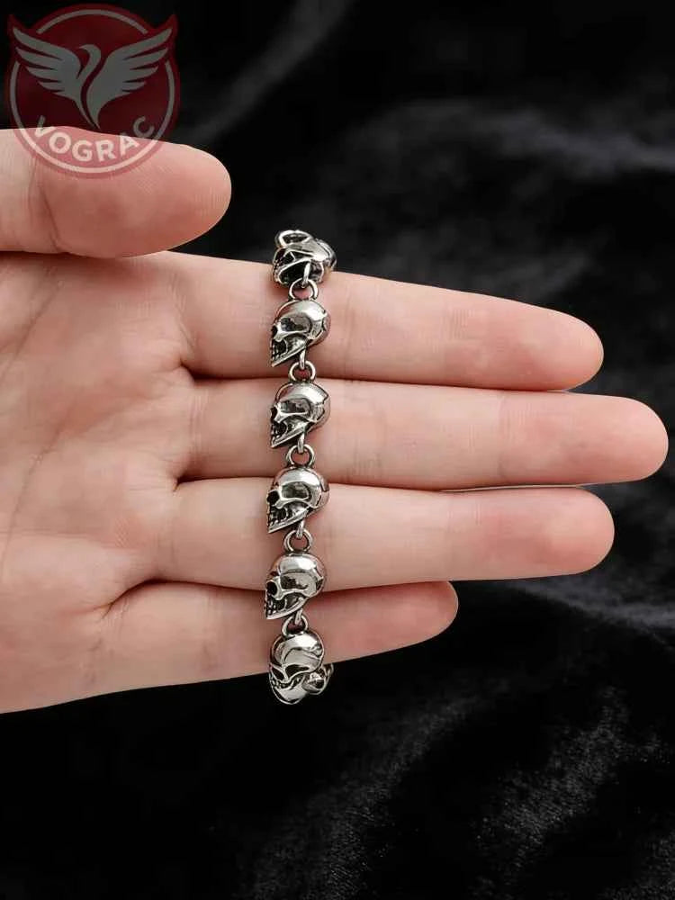 VOGRAC Stainless Steel Skull Bead Linked Strand Bracelet for Men and Women, Gothic Punk Rock Biker Skull Jewelry Gift
