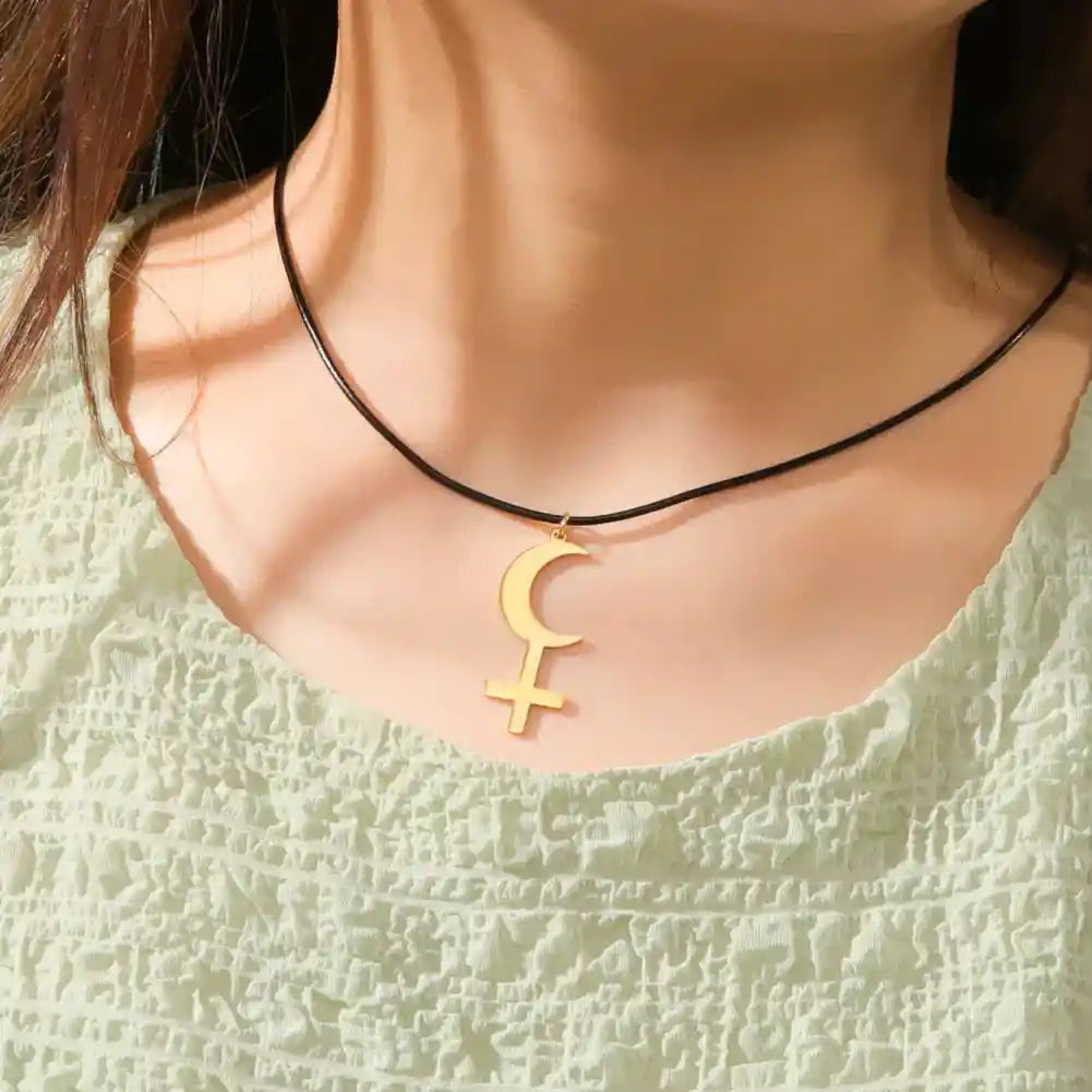 Vintage Black Moon Lilith Pendant Necklace Crescent Moon Cross Double Layer Necklace - Pedlar's Attic