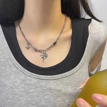 JWER Y2K Cuban Figaro Chain Necklace with Star & Moon Pendant - Punk Black Zircon Choker for Men - Pedlar's Attic