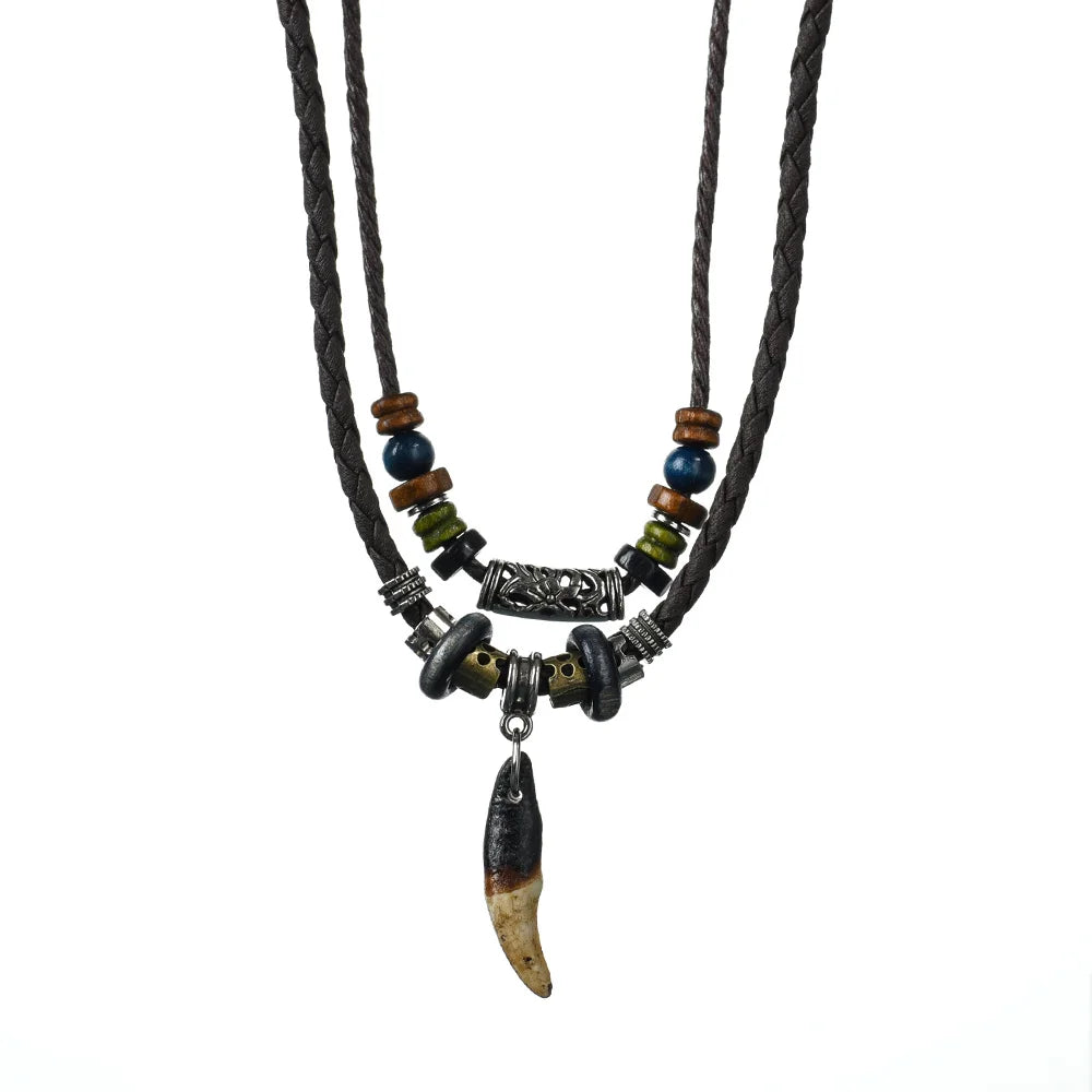 Ethnic Wolf Tooth Necklace Vintage Tribal Leather Braided Beaded Neck Chain Accessory Multi-layer Dogtooth Pendant Jewelry Gifts