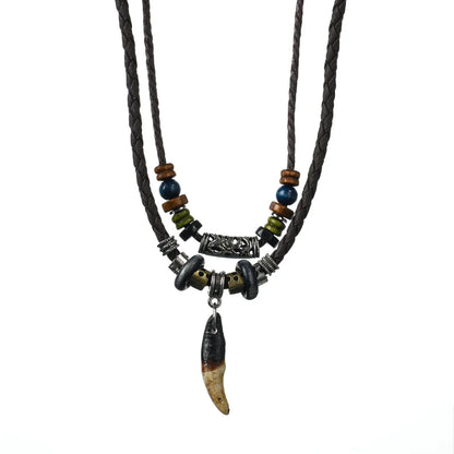 Ethnic Wolf Tooth Necklace Vintage Tribal Leather Braided Beaded Neck Chain Accessory Multi-layer Dogtooth Pendant Jewelry Gifts
