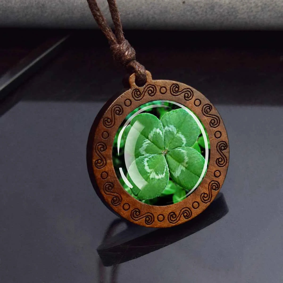 Four Leaf Clover Glass Dome Wooden Pendant Necklace
