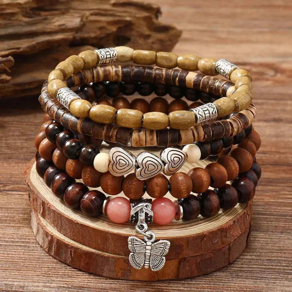 Ethnic 4-5pc/set wood bead tree Cactus Charms bracelets