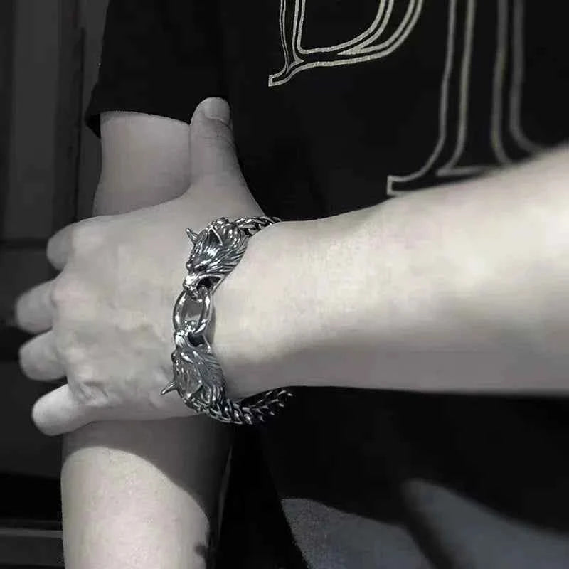 Stainless Steel Nordic Double Wolf Head Bracelet