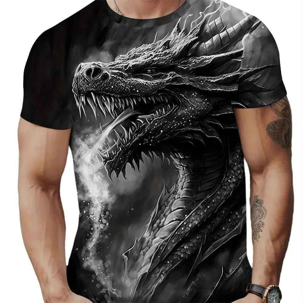3D Style 4 Roaring Dragon Pattern Round Neck Short Sleeve T Shirt