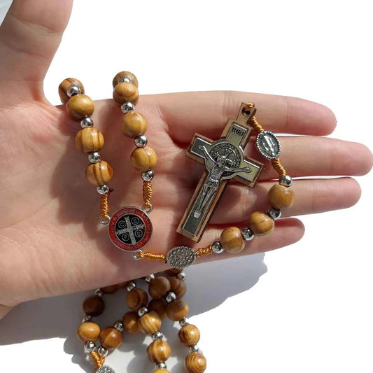 1 Piece/Set Of Wooden Rose Bead Necklace Wooden Saint Benedict Medal and Catholic Cross Religious Prayer Chapel Handmade