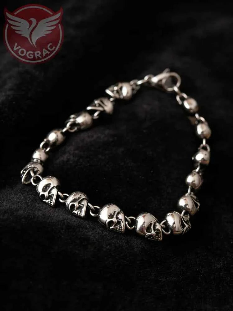 VOGRAC Stainless Steel Skull Bead Linked Strand Bracelet for Men and Women, Gothic Punk Rock Biker Skull Jewelry Gift