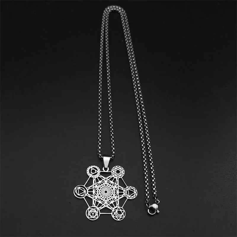 Yoga Hindu Buddhism 7 Chakra Stainless Steel Pendant Necklace Sacred Geometry Hollow Angel Seal Metatron Symbol Chain Jewelry