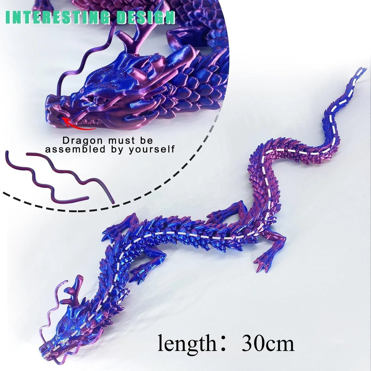 3D Printed Conjoined Dragon Ornaments Movable Cartoon Creative Dragon Plants rockery Fish Tank Landscaping Decoration 30cm