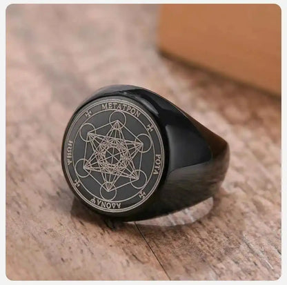 Vnox Seven Seals of Angels Rings for Men, Round Top Stamp Finger Band, Metatron Cube Stamp Ring, Chunky Punk Jewelry - Pedlar's Attic