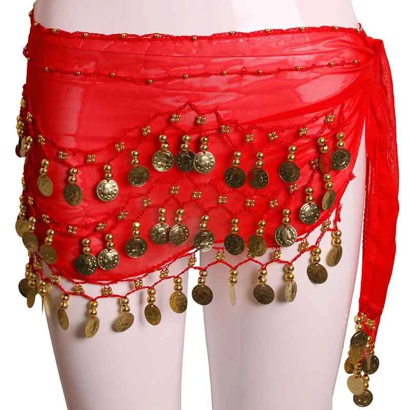Sexy Women Belly Dance Chiffon Skirt Gold Sequins Waist Chain Tassel Belts Clubwear Indian Dance Practice Performance Hip Scarf
