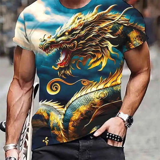 3D Style 3 Roaring Dragon Pattern Round Neck Short Sleeve T Shirt - Pedlar's Attic