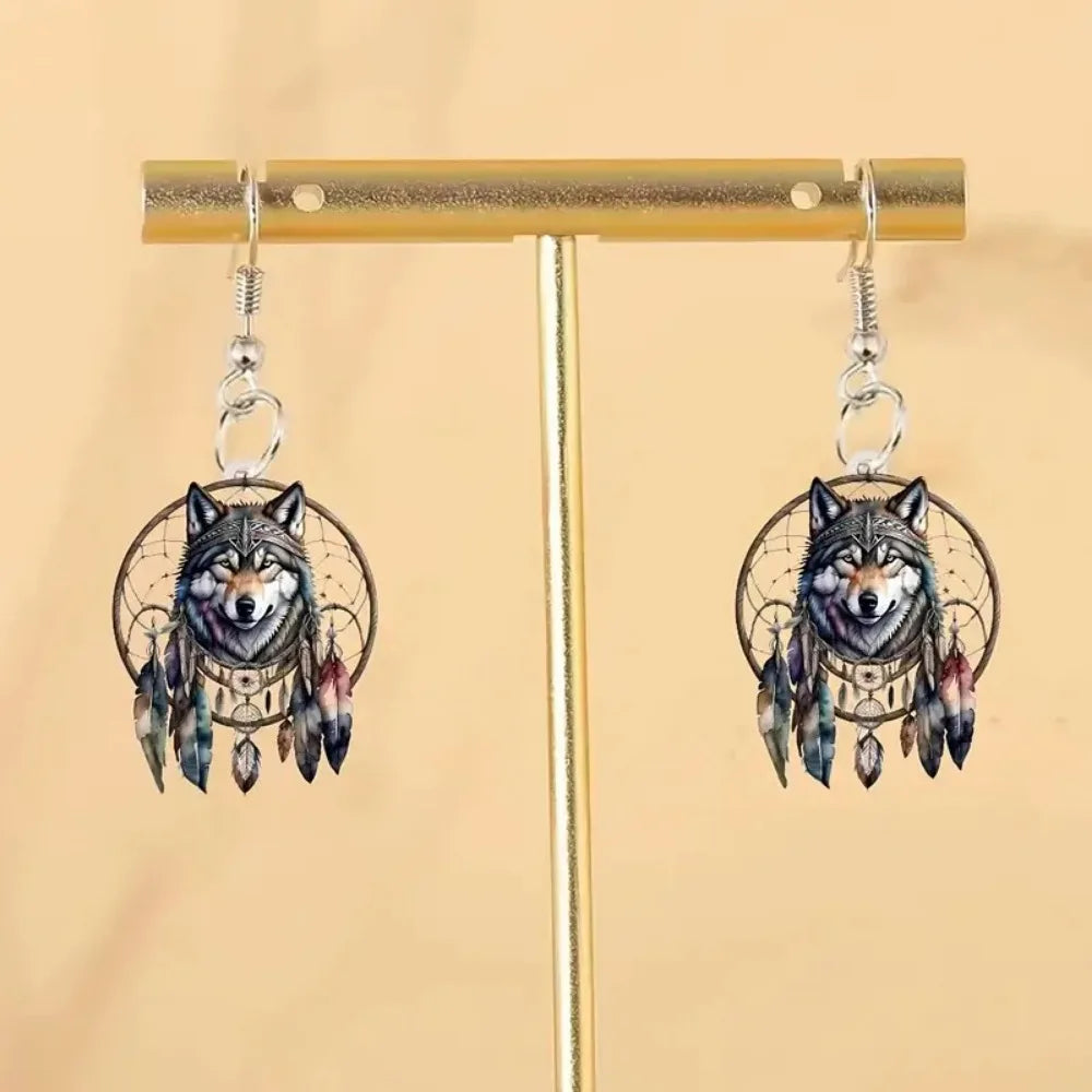 Hot selling dream catcher wolf head acrylic 2D Flat earrings creative design Trendy Animal Jewelry Fashion Printing Accessories