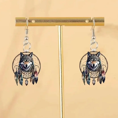 Hot selling dream catcher wolf head acrylic 2D Flat earrings creative design Trendy Animal Jewelry Fashion Printing Accessories