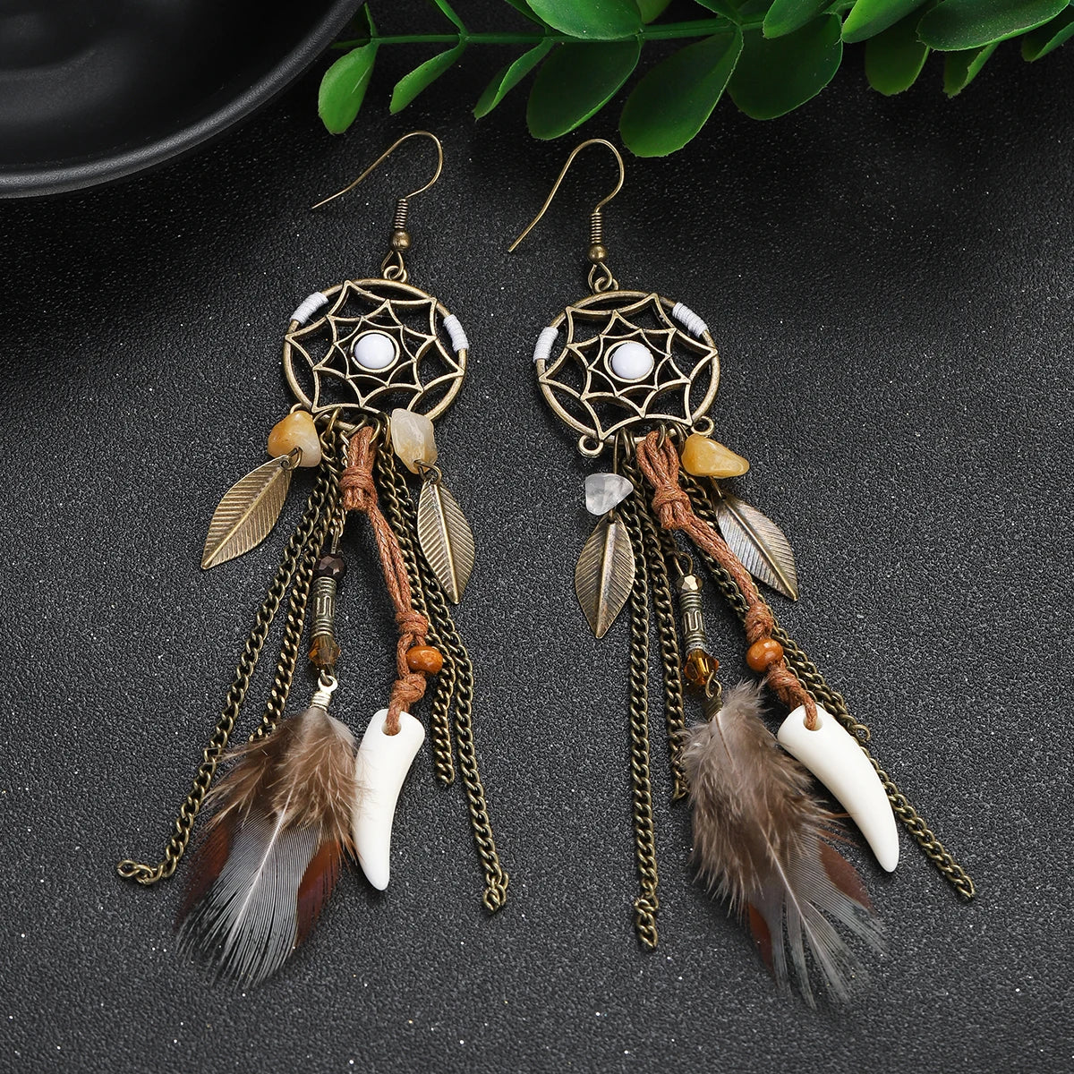 The Woman Who Faces East — Soraveen Dream Catcher Feather & Stone Necklace and Earring Set
