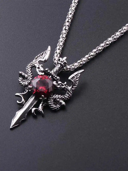 Gothic Style Ancient Silver-color Evil Dragon Gem Pendant Necklace - Pedlar's Attic