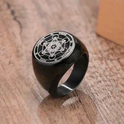 Vnox Seven Seals of Angels Rings for Men, Round Top Stamp Finger Band, Metatron Cube Stamp Ring, Chunky Punk Jewelry - Pedlar's Attic