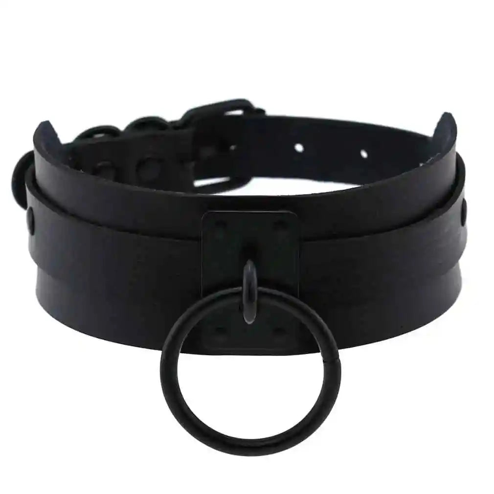 Punk Black O-Round Metal Leather Choker Collar - Pedlar's Attic