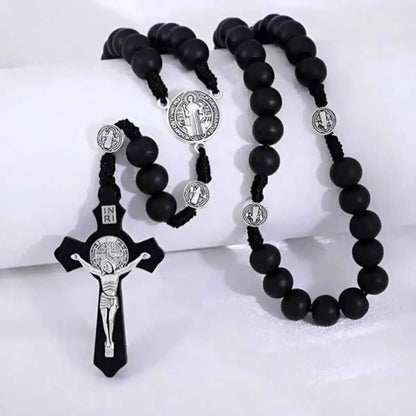 1 Piece/Set Of Wooden Rose Bead Necklace Wooden Saint Benedict Medal and Catholic Cross Religious Prayer Chapel Handmade - Pedlar's Attic