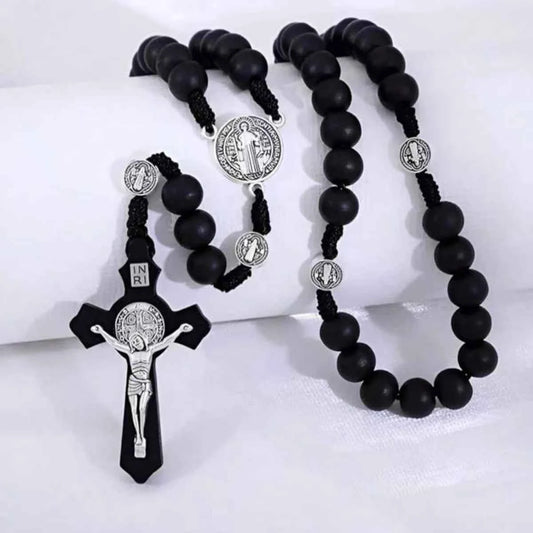 1 Piece/Set Of Wooden Rose Bead Necklace Wooden Saint Benedict Medal and Catholic Cross Religious Prayer Chapel Handmade