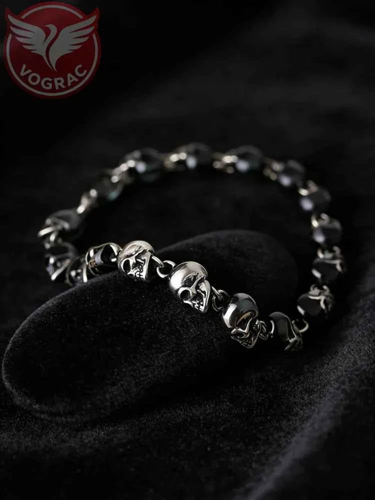VOGRAC Stainless Steel Skull Bead Linked Strand Bracelet for Men and Women, Gothic Punk Rock Biker Skull Jewelry Gift