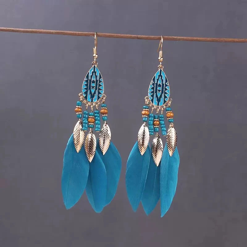 Boho Long Feather Dangle Women's Earrings Beach Long Tassel Beads Handmade Flower Enamel Earrings Bride Wedding Pendientes Mujer
