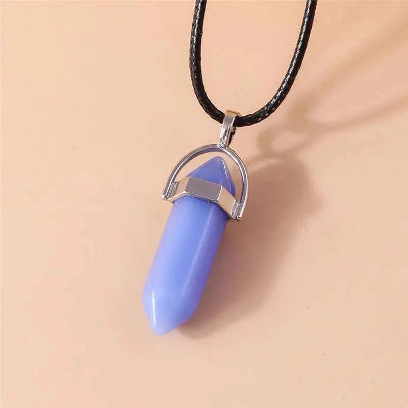 Natural Stone Quartz Lapis Opal Amethyst Pink Crystal Stone Hexagonal Column Pendant Necklaces