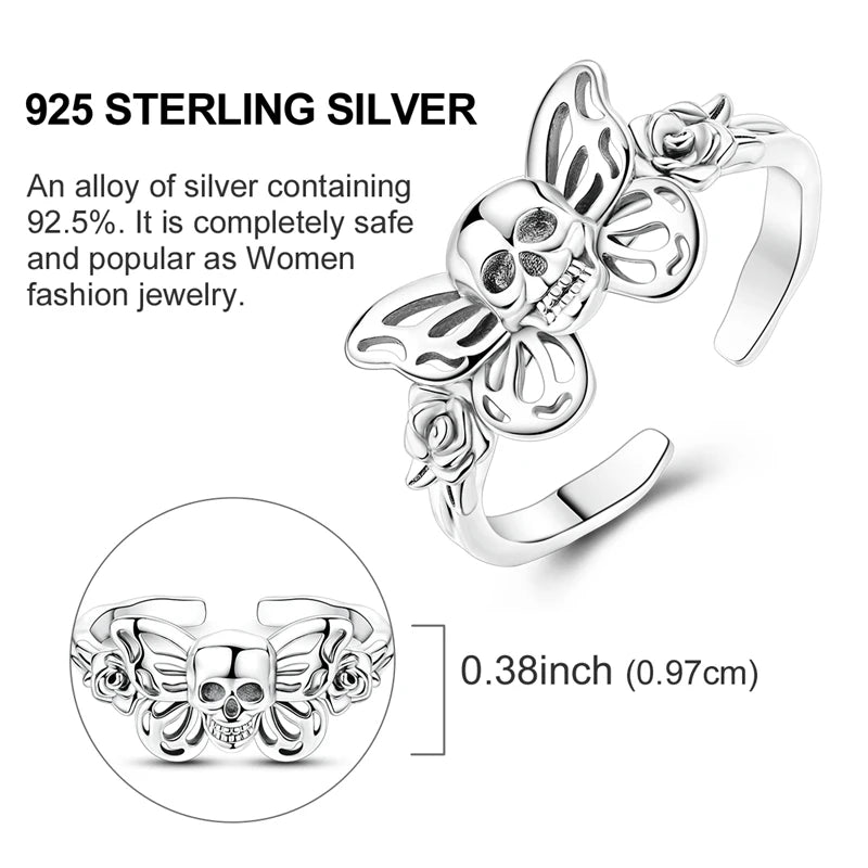 Original 925 Sterling Silver Skull Rose Open Rings For Women Girls Jewelry Birthday Anniversary Gifts