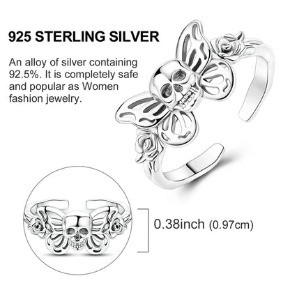 Original 925 Sterling Silver Skull Rose Open Rings For Women Girls Jewelry Birthday Anniversary Gifts