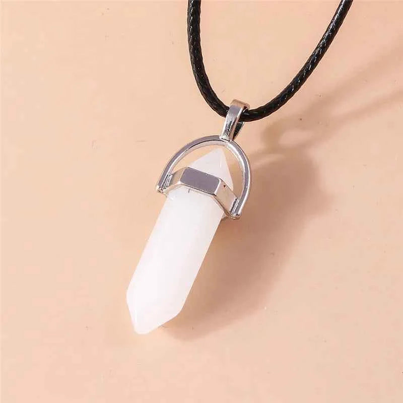 Natural Stone Quartz Lapis Opal Amethyst Pink Crystal Stone Hexagonal Column Pendant Necklaces