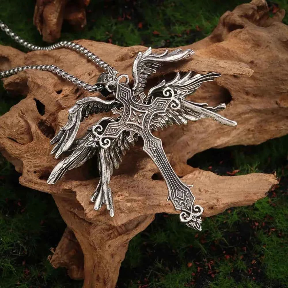 Retro Gothic Jesus Wings Cross Pendant Necklace