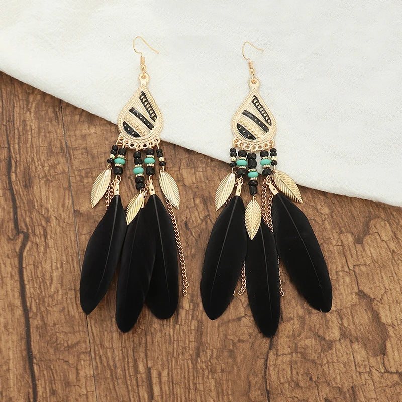 Boho Long Feather Dangle Women's Earrings Beach Long Tassel Beads Handmade Flower Enamel Earrings Bride Wedding Pendientes Mujer