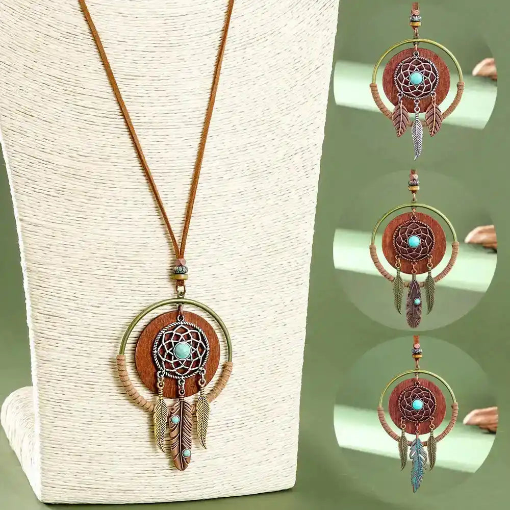 Long bohemian turquoise pendant necklace in dark copper, copper, silver & silver bright. Ethnic-inspired metalwork, lightweight chain. Ships from Pedlar's Attic.