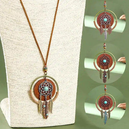 Long bohemian turquoise pendant necklace in dark copper, copper, silver & silver bright. Ethnic-inspired metalwork, lightweight chain. Ships from Pedlar's Attic.