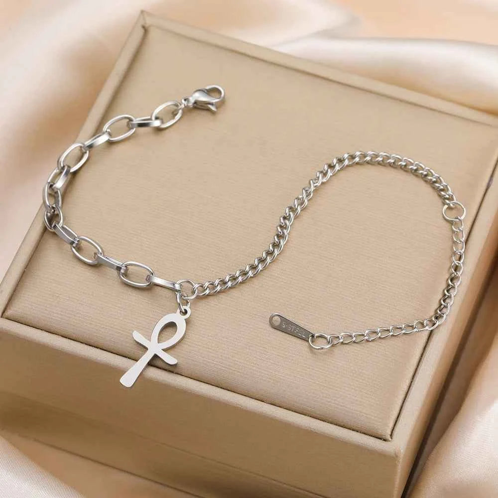 Dawapara Ankh Cross Bracelet Religious Ancient Egyptian Key To Life Prayer Amulet Supernatural Stainless Steel Jewelry