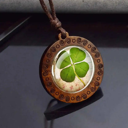 Four Leaf Clover Glass Dome Wooden Pendant Necklace - Pedlar's Attic