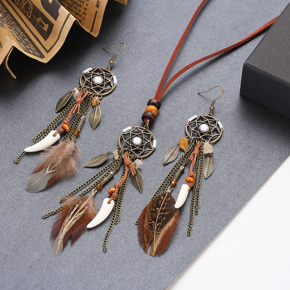 The Woman Who Faces East — Soraveen Dream Catcher Feather & Stone Necklace and Earring Set