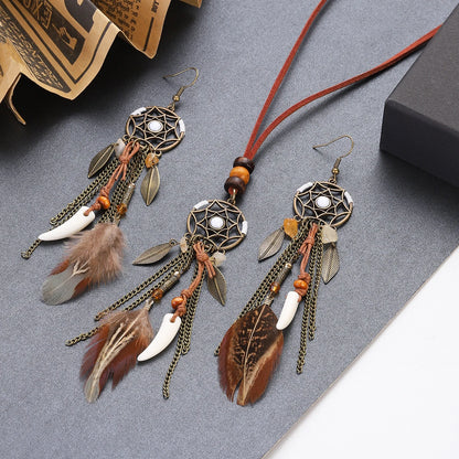 The Woman Who Faces East — Soraveen Dream Catcher Feather & Stone Necklace and Earring Set