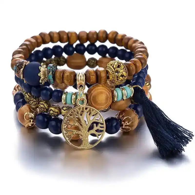 Boho Tree of Life Wooden Beaded Bracelet Set — 4 Piece