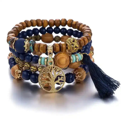 Boho Tree of Life Wooden Beaded Bracelet Set — 4 Piece