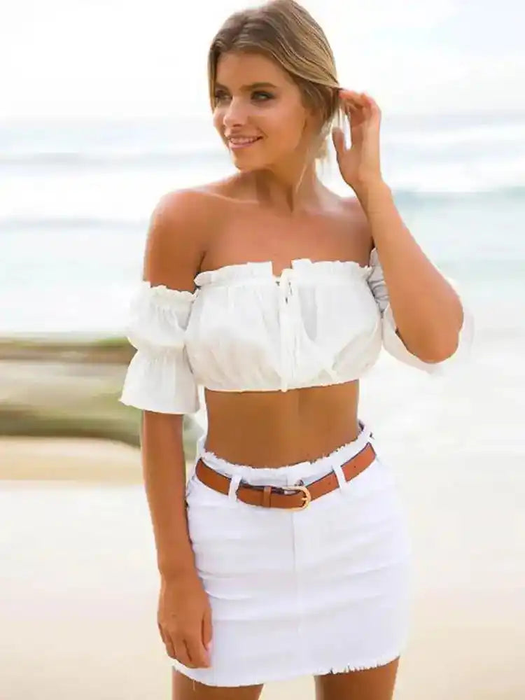 Sun & Spell – Ruched Lantern Sleeve Strapless Crop Top