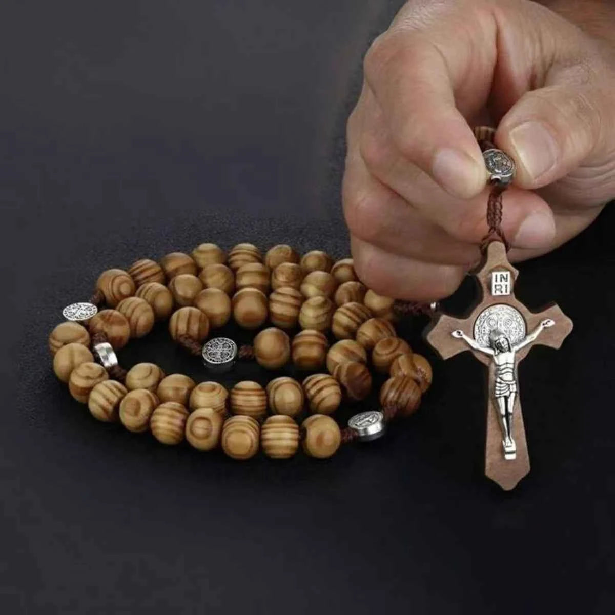 1 Piece/Set Of Wooden Rose Bead Necklace Wooden Saint Benedict Medal and Catholic Cross Religious Prayer Chapel Handmade