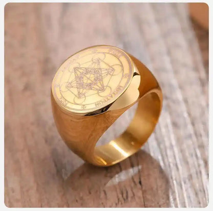 Vnox Seven Seals of Angels Rings for Men, Round Top Stamp Finger Band, Metatron Cube Stamp Ring, Chunky Punk Jewelry - Pedlar's Attic