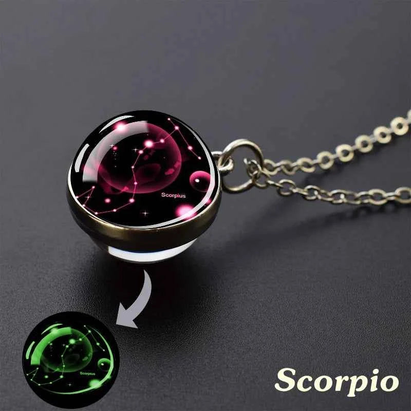 12 Constellation Necklace Starry Sky Luminous Zodiac Glass Ball Pendant Necklace Christmas Gift for Men Women